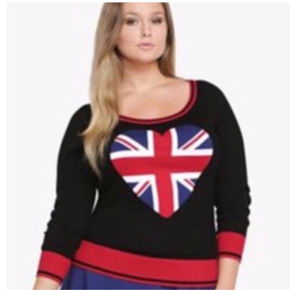 Torrid Union Jack Heart Sweater Black Red‎ White Blue Womens Plus 3X Flag Cotton - Picture 1 of 10